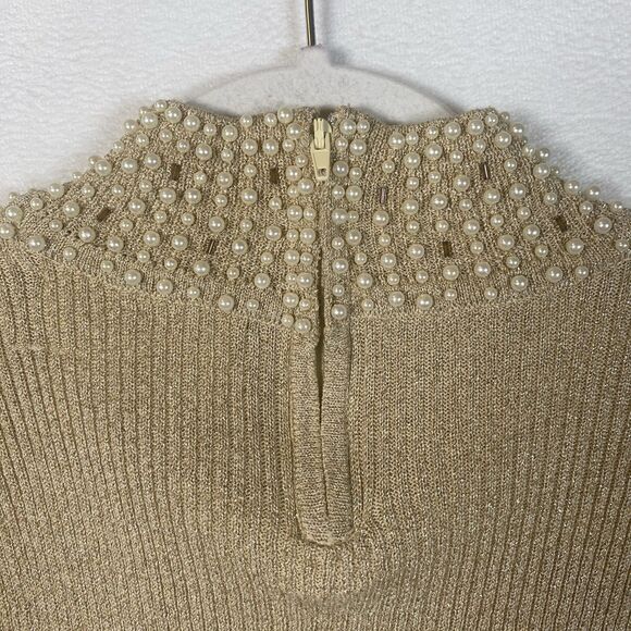Cache Gold Metallic Pearl Embellished Mock Neck Sweater M Back Zip Beaded Knit - Picture 8 of 11